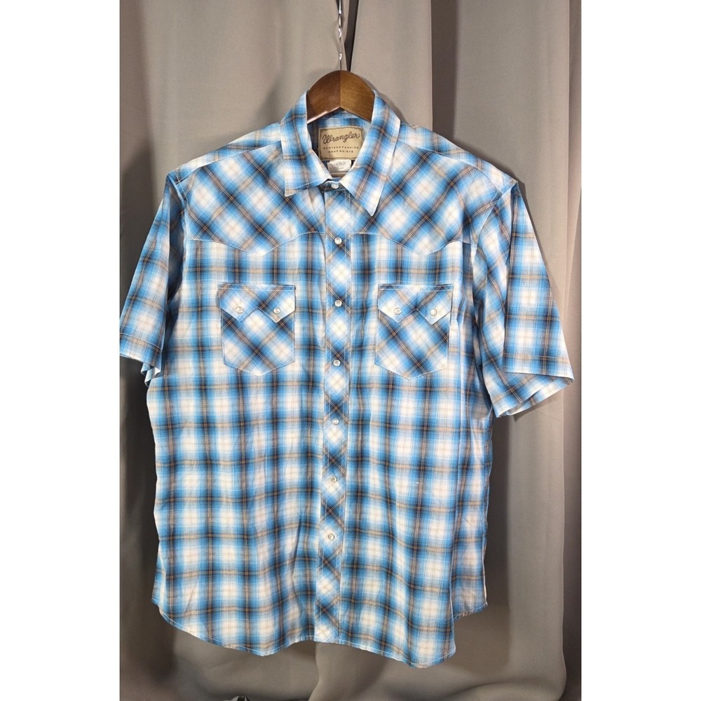 Wrangler Western Shirt Men's Blue Plaid Button Up White Pearl XL